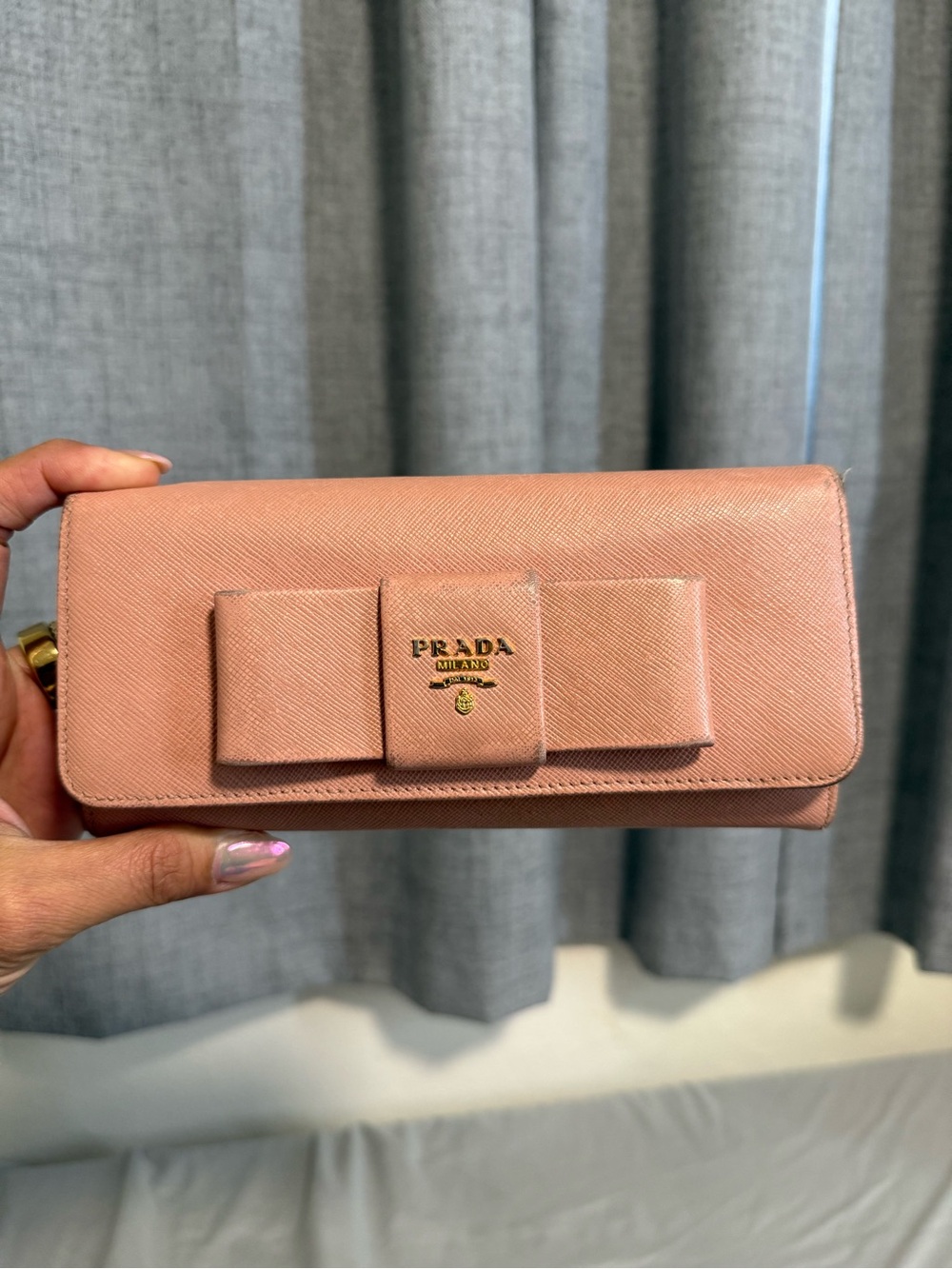 Prada Blush Pink Saffiano Leather Bow Continental Wallet